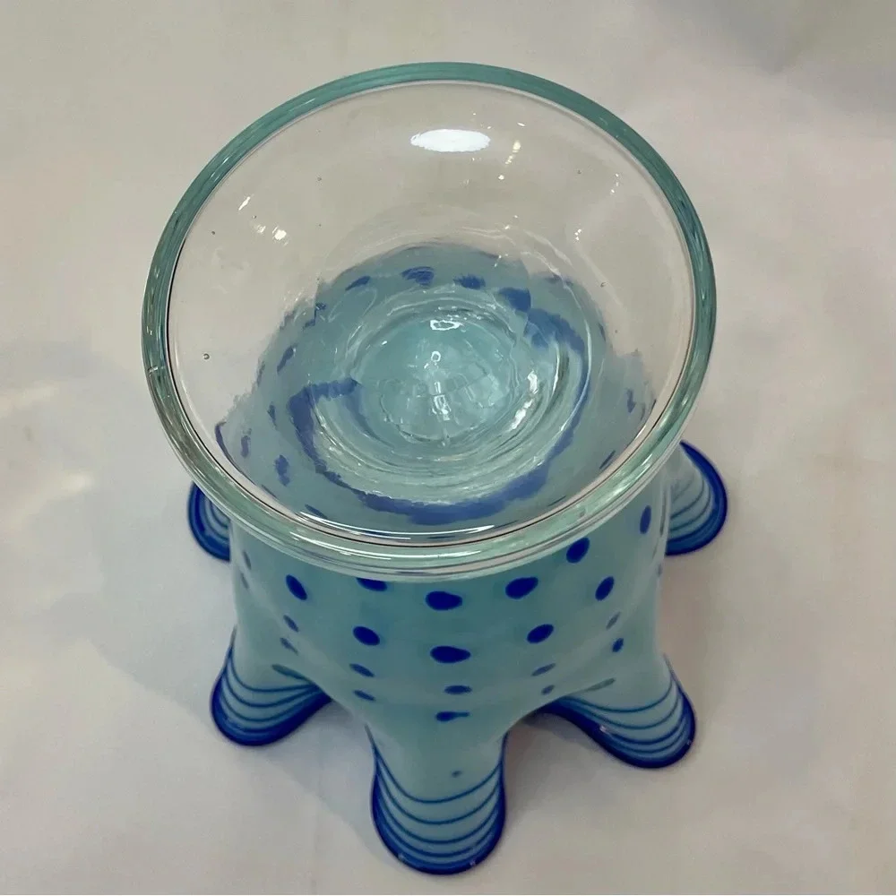 Blue Polka Dot & Stripped Blown Glass Fluted Ruffle Vase Handmade Unique
